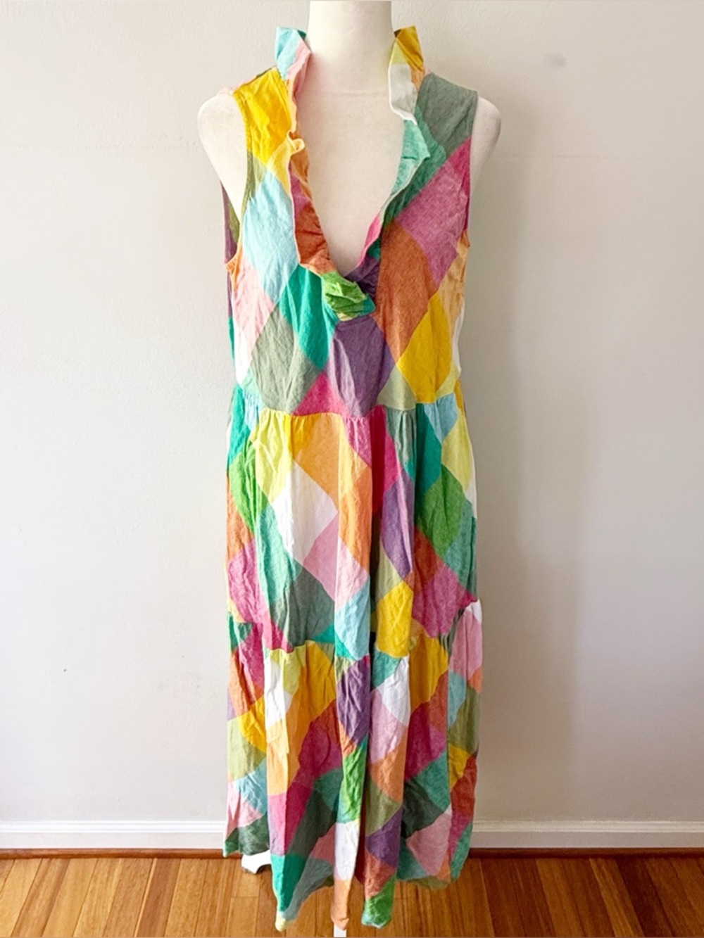 Crown & Ivy Women Linen Blend Madras Plaid Ruffle Maxi Dress Preppy Western